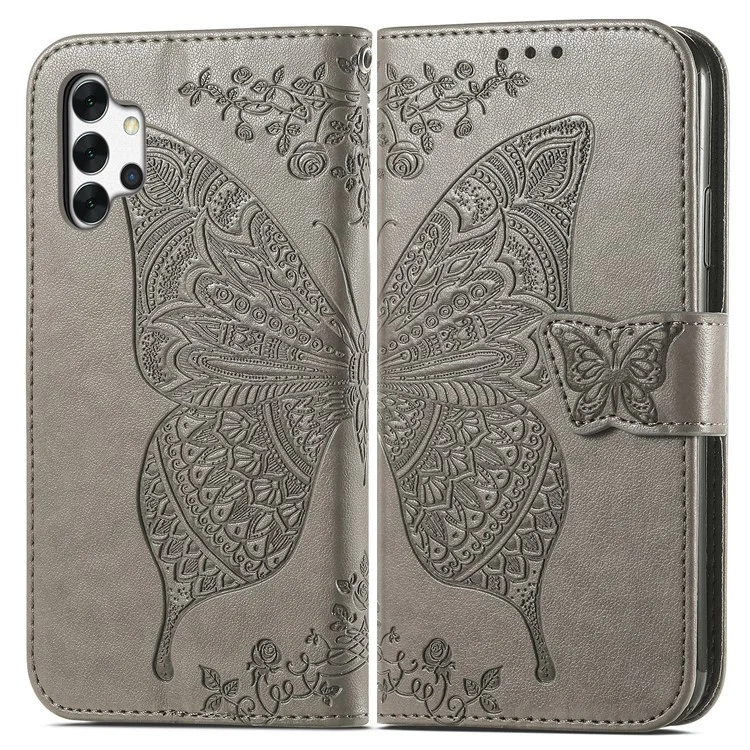 Empreinte Big Butterfly le Cuir Portefeuille Shell Téléphone Pour Samsung Galaxy A32 5G - Gris