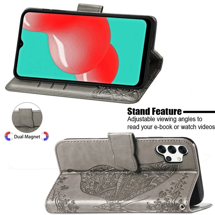 Empreinte Big Butterfly le Cuir Portefeuille Shell Téléphone Pour Samsung Galaxy A32 5G - Gris