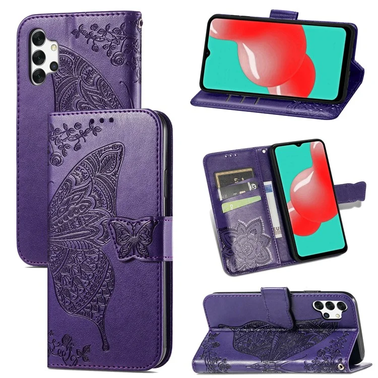 Empreinte Big Butterfly le Cuir Portefeuille Shell Téléphone Pour Samsung Galaxy A32 5G - Violet Foncé