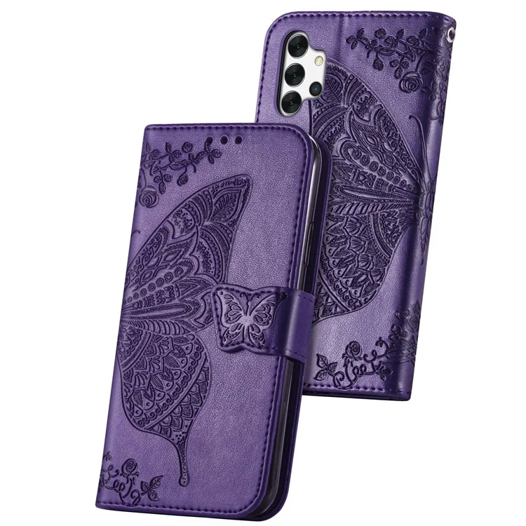 Empreinte Big Butterfly le Cuir Portefeuille Shell Téléphone Pour Samsung Galaxy A32 5G - Violet Foncé