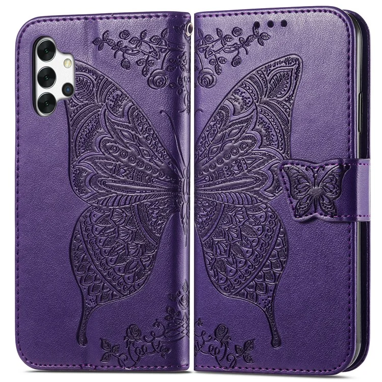 Empreinte Big Butterfly le Cuir Portefeuille Shell Téléphone Pour Samsung Galaxy A32 5G - Violet Foncé