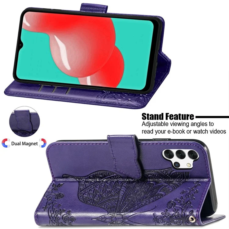 Empreinte Big Butterfly le Cuir Portefeuille Shell Téléphone Pour Samsung Galaxy A32 5G - Violet Foncé
