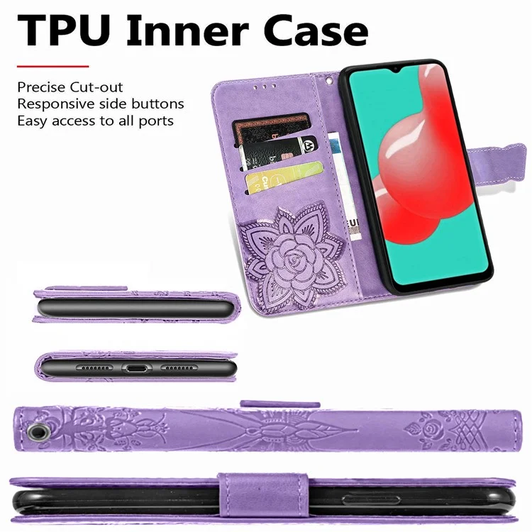 Imprint Big Butterfly Leather Wallet Phone Shell for Samsung Galaxy A32 5G/M32 5G - Light Purple