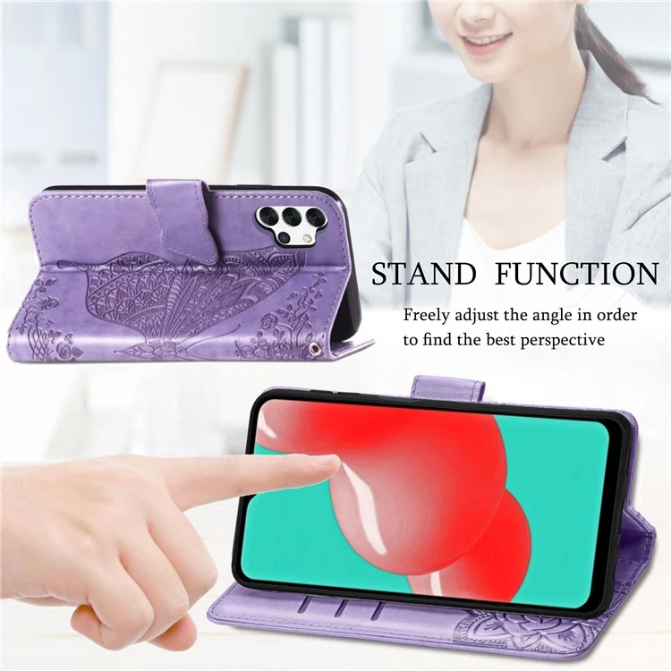 Imprint Big Butterfly Leather Wallet Phone Shell for Samsung Galaxy A32 5G/M32 5G - Light Purple