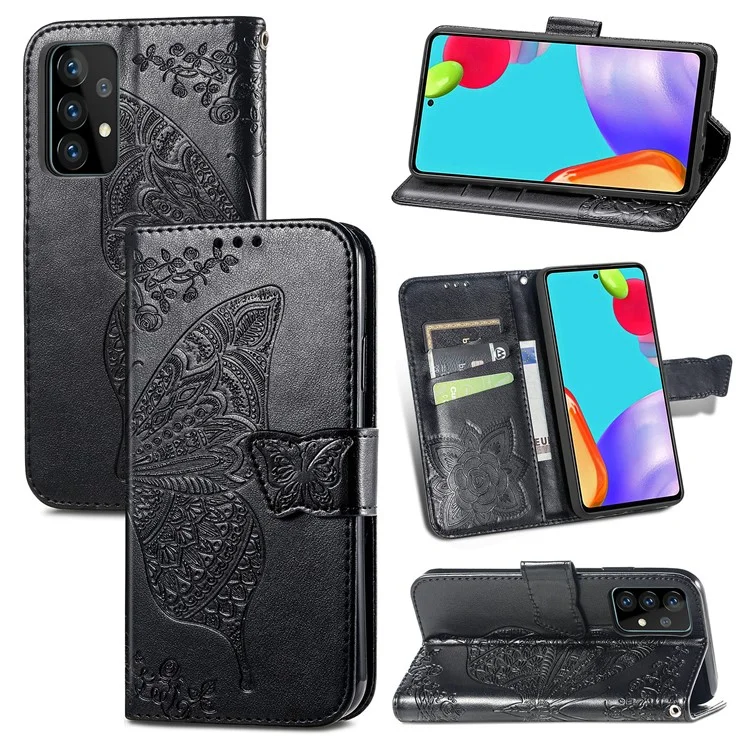 Impresión Big Butterfly Leather Willet Shell Para Samsung Galaxy A52 4G/5G / A52s 5G - Negro