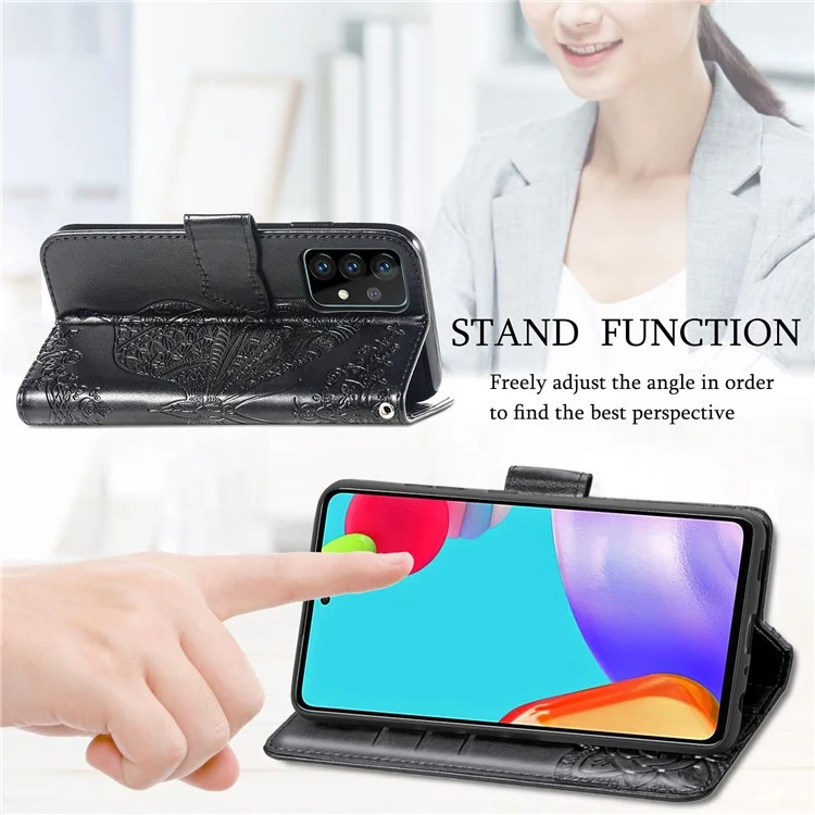 Imprint Big Butterfly Leather Wallet Phone Shell for Samsung Galaxy A52 4G/5G / A52s 5G - Black