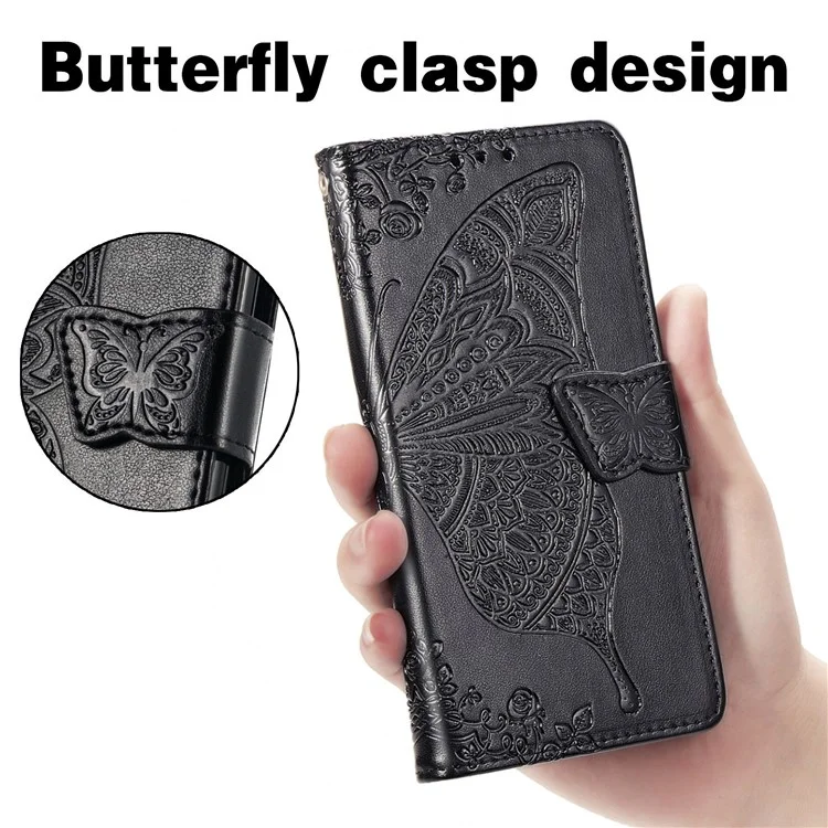 Imprint Big Butterfly Leather Wallet Phone Shell for Samsung Galaxy A52 4G/5G / A52s 5G - Black