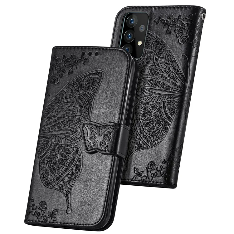 Imprint Big Butterfly Leather Wallet Shell Для Samsung Galaxy A52 4G/5G / A52s 5G - Черный