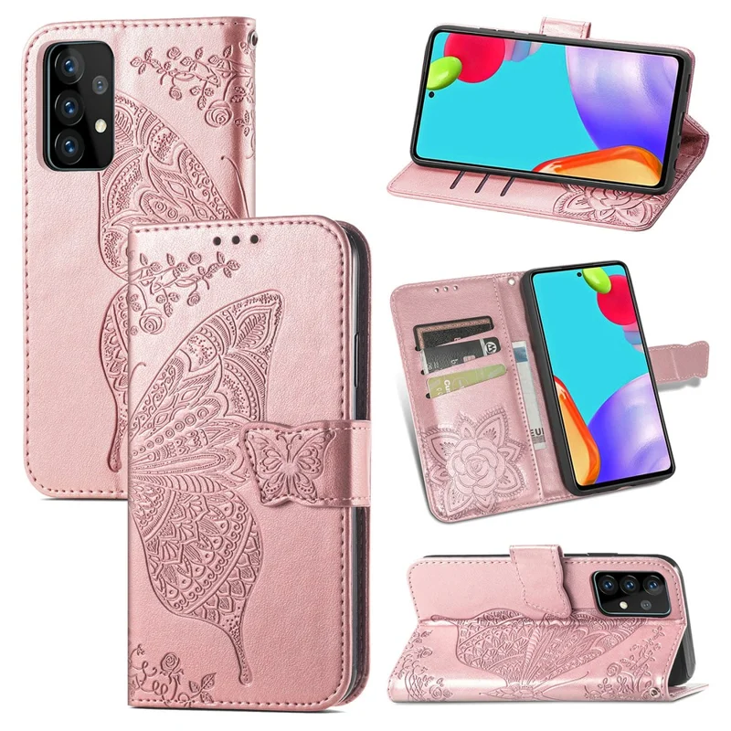 Imprint Big Butterfly Leather Wallet Phone Shell for Samsung Galaxy A52 4G/5G / A52s 5G - Rose Gold