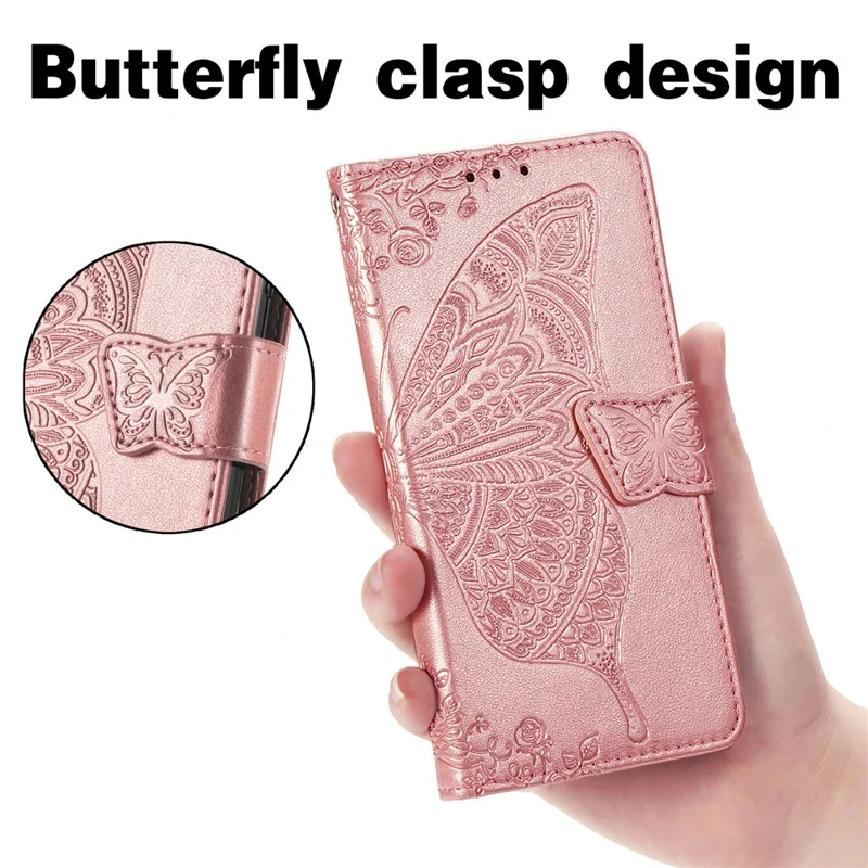 Imprint Big Butterfly Leather Wallet Phone Shell for Samsung Galaxy A52 4G/5G / A52s 5G - Rose Gold