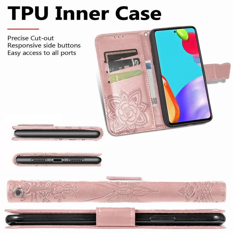 Imprint Big Butterfly Leather Wallet Phone Shell for Samsung Galaxy A52 4G/5G / A52s 5G - Rose Gold