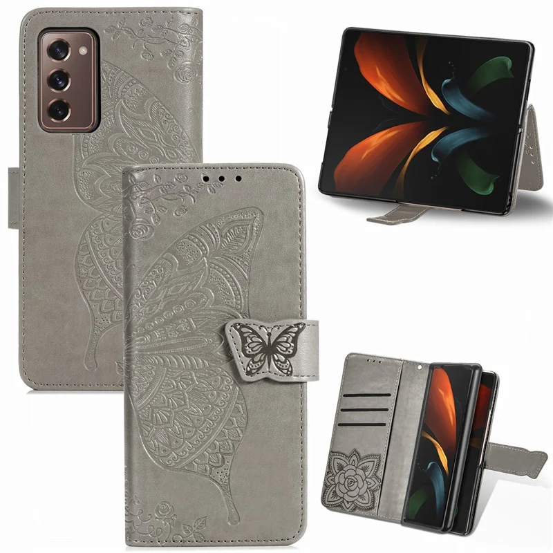 Impressão Grande Capa de Telefone de Couro de Borboleta Para Samsung Galaxy Z Fold2 5g - Cinza