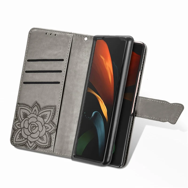 Impressão Grande Capa de Telefone de Couro de Borboleta Para Samsung Galaxy Z Fold2 5g - Cinza