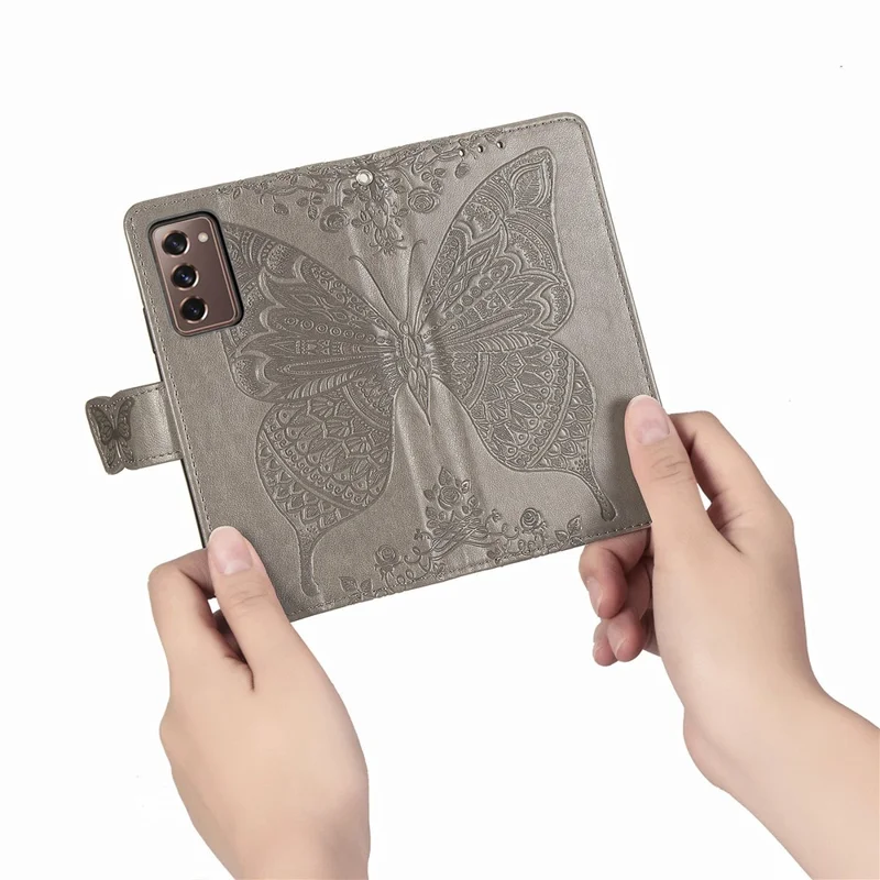 Impressão Grande Capa de Telefone de Couro de Borboleta Para Samsung Galaxy Z Fold2 5g - Cinza