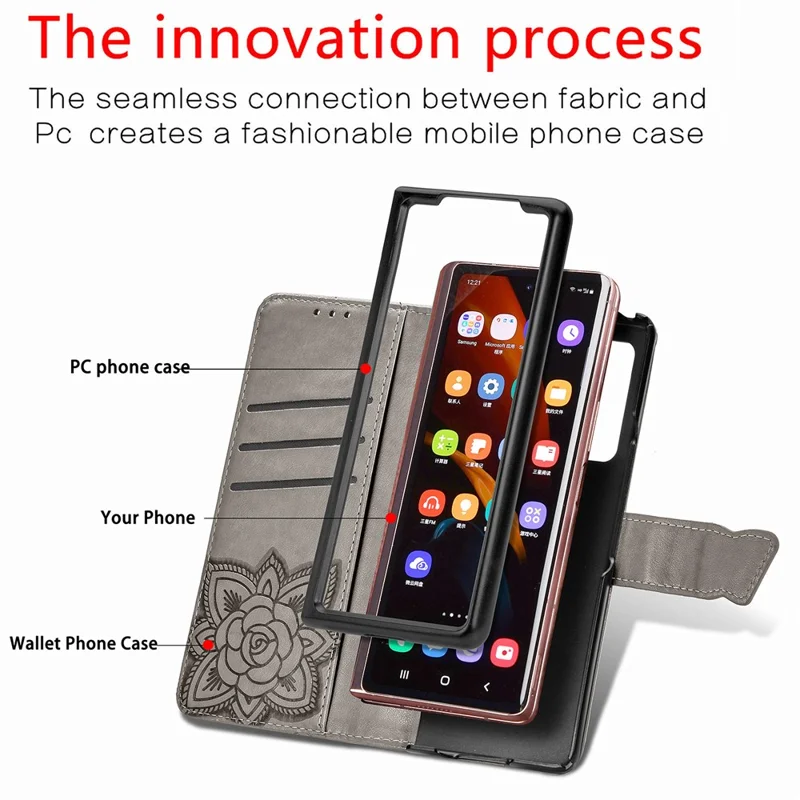 Impressão Grande Capa de Telefone de Couro de Borboleta Para Samsung Galaxy Z Fold2 5g - Cinza