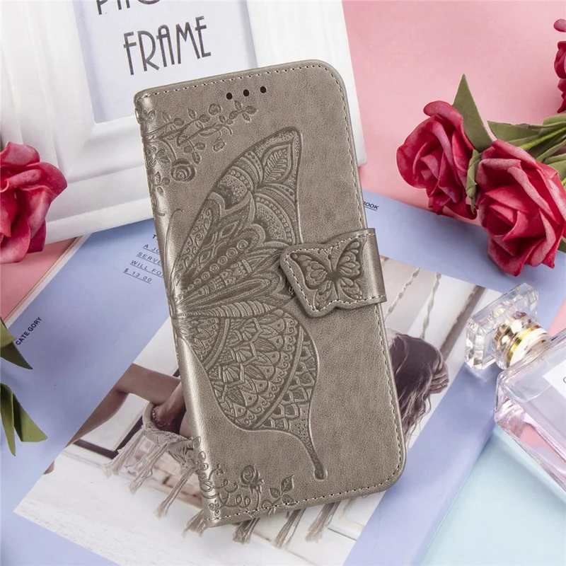 Impressão Grande Capa de Telefone de Couro de Borboleta Para Samsung Galaxy Z Fold2 5g - Cinza