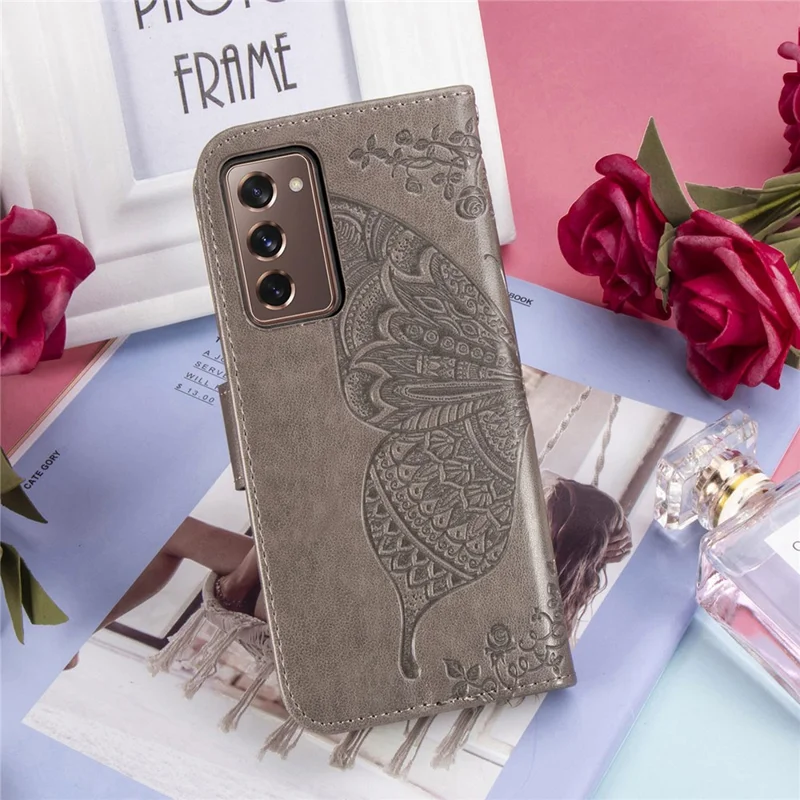 Impressão Grande Capa de Telefone de Couro de Borboleta Para Samsung Galaxy Z Fold2 5g - Cinza