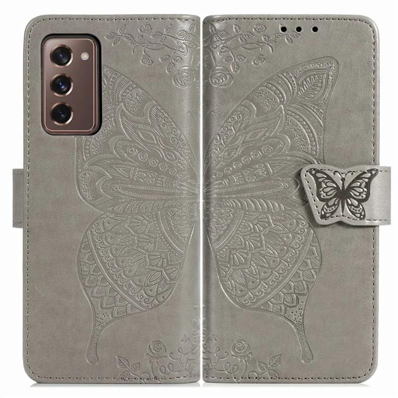 Impressão Grande Capa de Telefone de Couro de Borboleta Para Samsung Galaxy Z Fold2 5g - Cinza