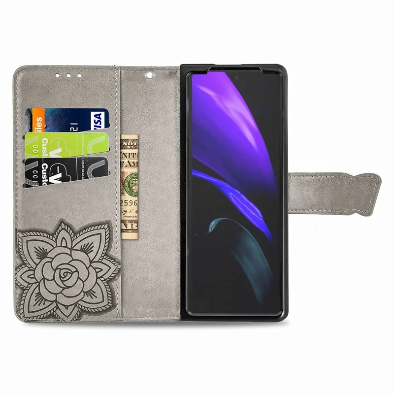 Impressão Grande Capa de Telefone de Couro de Borboleta Para Samsung Galaxy Z Fold2 5g - Cinza