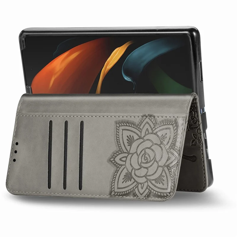 Impressão Grande Capa de Telefone de Couro de Borboleta Para Samsung Galaxy Z Fold2 5g - Cinza