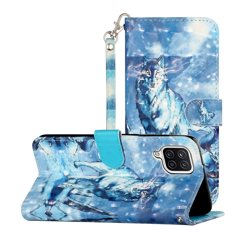 Pattern Printing Wallet Leather Protector Cover for Samsung Galaxy A12 - Snow Wolf
