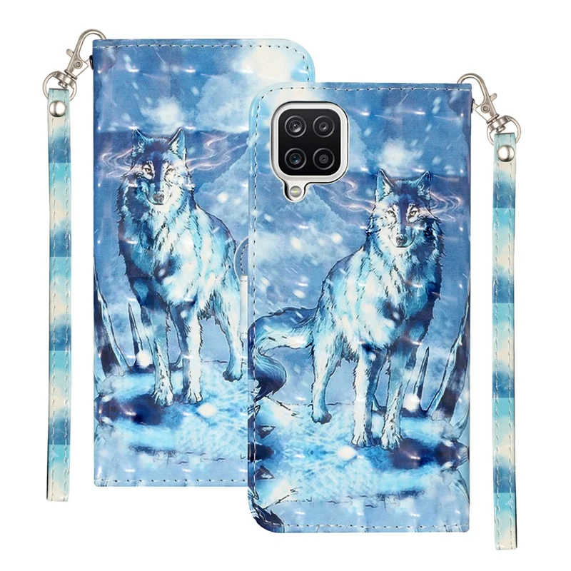 Pattern Printing Wallet Leather Protector Cover for Samsung Galaxy A12 - Snow Wolf