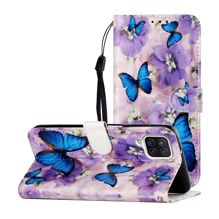 Embossed Patterned Wallet Stand Leather Phone Case with Strap for Samsung Galaxy A12 - Butterfly