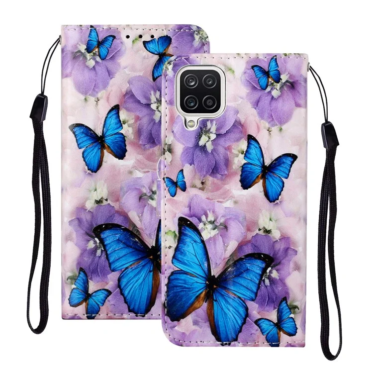 Embossed Patterned Wallet Stand Leather Phone Case with Strap for Samsung Galaxy A12 - Butterfly