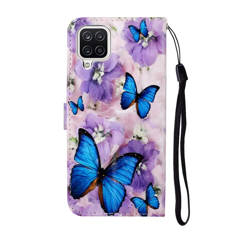 Embossed Patterned Wallet Stand Leather Phone Case with Strap for Samsung Galaxy A12 - Butterfly