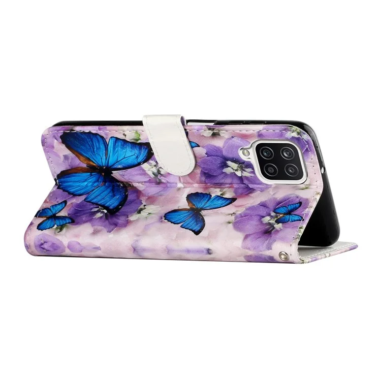 Embossed Patterned Wallet Stand Leather Phone Case with Strap for Samsung Galaxy A12 - Butterfly