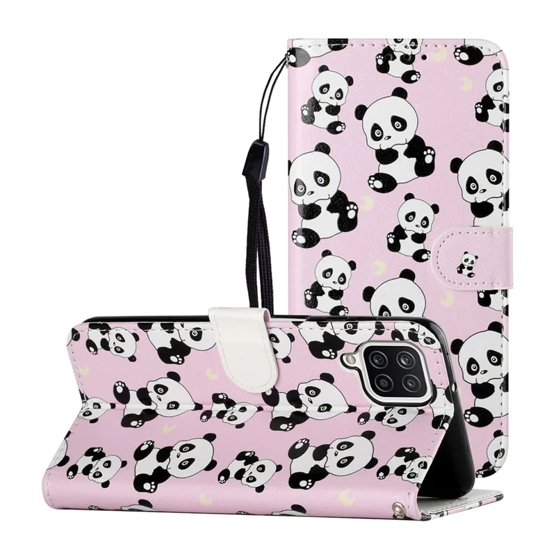 Embossed Patterned Wallet Stand Leather Phone Case with Strap for Samsung Galaxy A12 - Panda