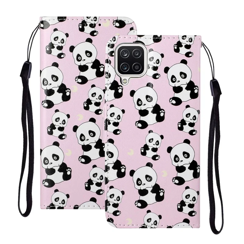 Embossed Patterned Wallet Stand Leather Phone Case with Strap for Samsung Galaxy A12 - Panda