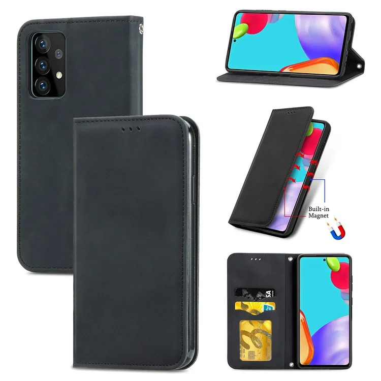 Coque de téléphone en cuir vintage PU auto-absorbante pour Samsung Galaxy A52 4G/5G / A52s 5G - Noir