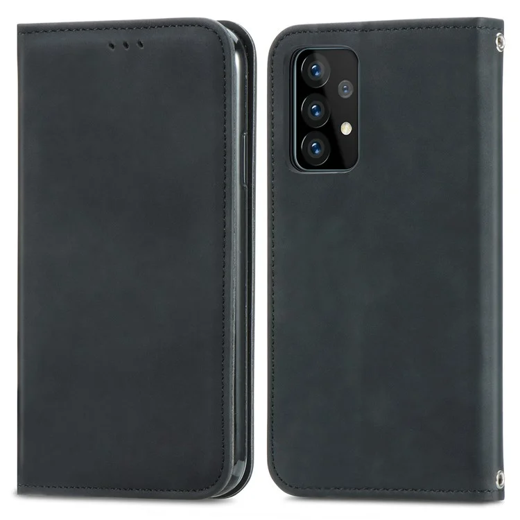 Coque de téléphone en cuir vintage PU auto-absorbante pour Samsung Galaxy A52 4G/5G / A52s 5G - Noir