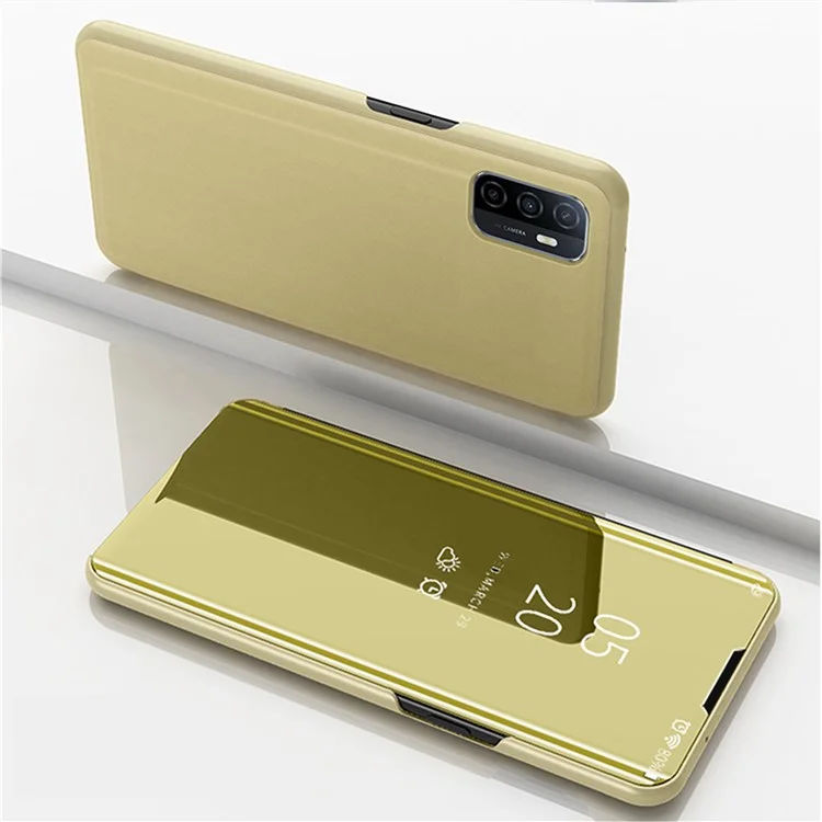 Funda de Piel con Superficie de Espejo Electrolizada y Soporte para Samsung Galaxy A32 5G/M32 5G - Dorada