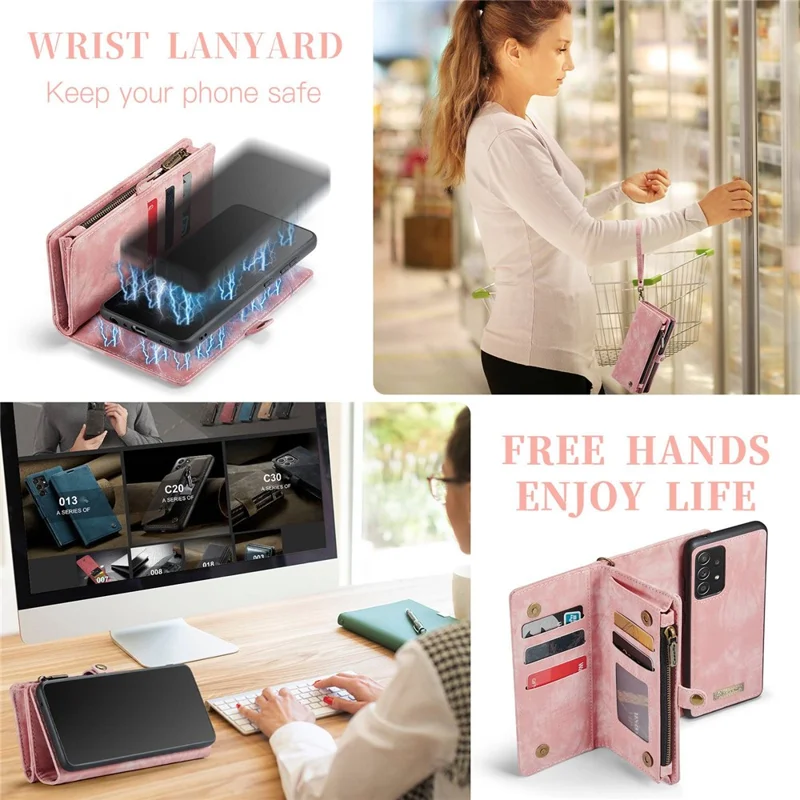 CASEME 008-Series for Samsung Galaxy A52 4G / 5G  /  A52s 5G Multi-function Wallet Design TPU + PU Leather 2-in-1 Phone Shell - Pink