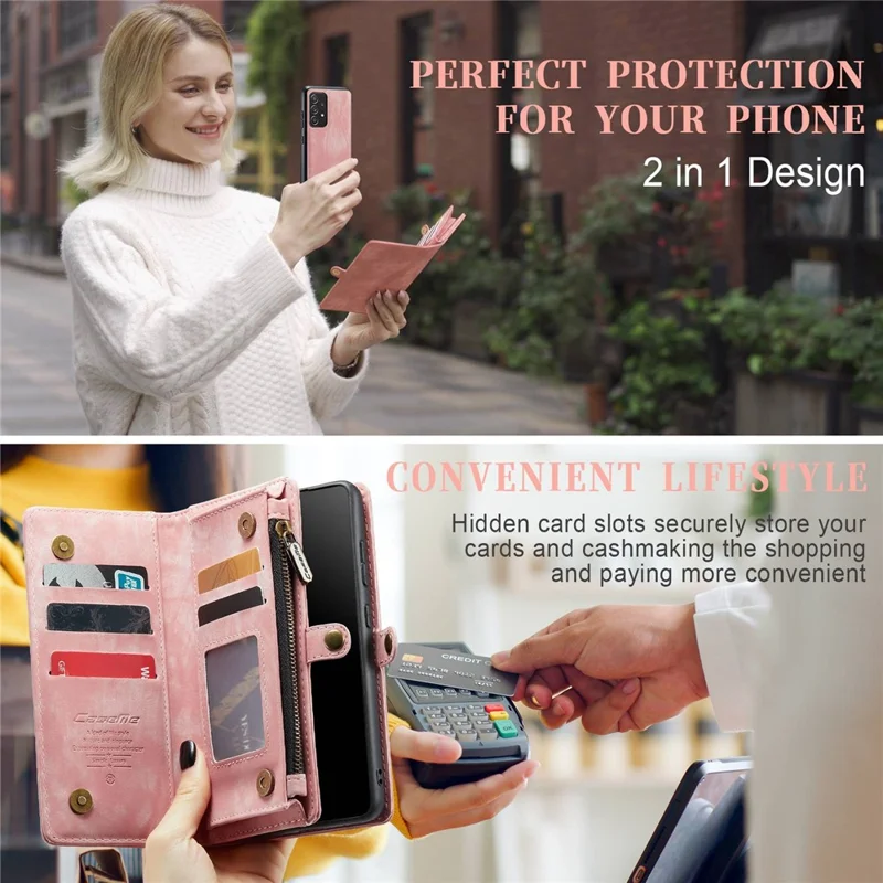 CASEME 008-Series for Samsung Galaxy A52 4G / 5G  /  A52s 5G Multi-function Wallet Design TPU + PU Leather 2-in-1 Phone Shell - Pink
