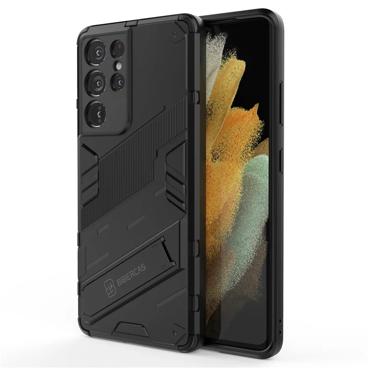 PC + TPU Hybrid -telefonhülle Schutzvorzug Mit Kickstand Für Samsung Galaxy S21 Ultra 5G - Schwarz