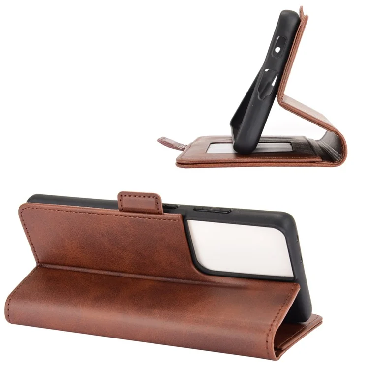 Dual Magnetic Clasp Leder Folio Flip Phone Cover Lederhülle Für Samsung Galaxy S21 Ultra 5g - Braun