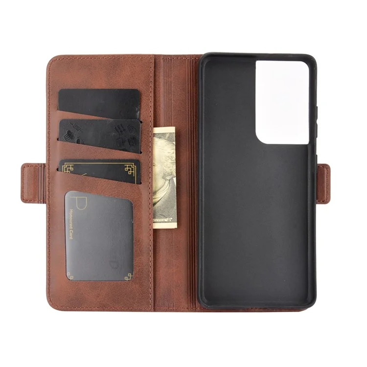 Dual Magnetic Clasp Leder Folio Flip Phone Cover Lederhülle Für Samsung Galaxy S21 Ultra 5g - Braun