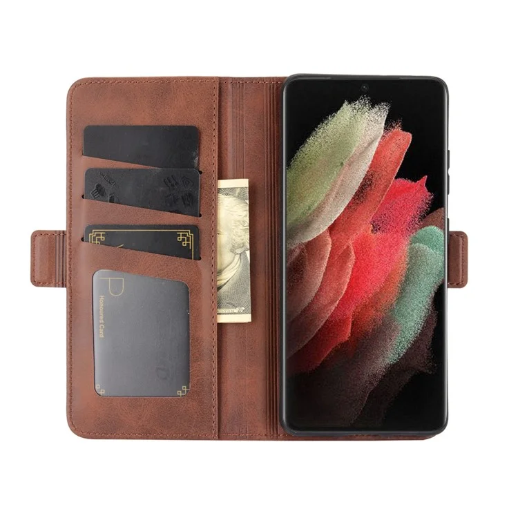 Dual Magnetic Clasp Leder Folio Flip Phone Cover Lederhülle Für Samsung Galaxy S21 Ultra 5g - Braun