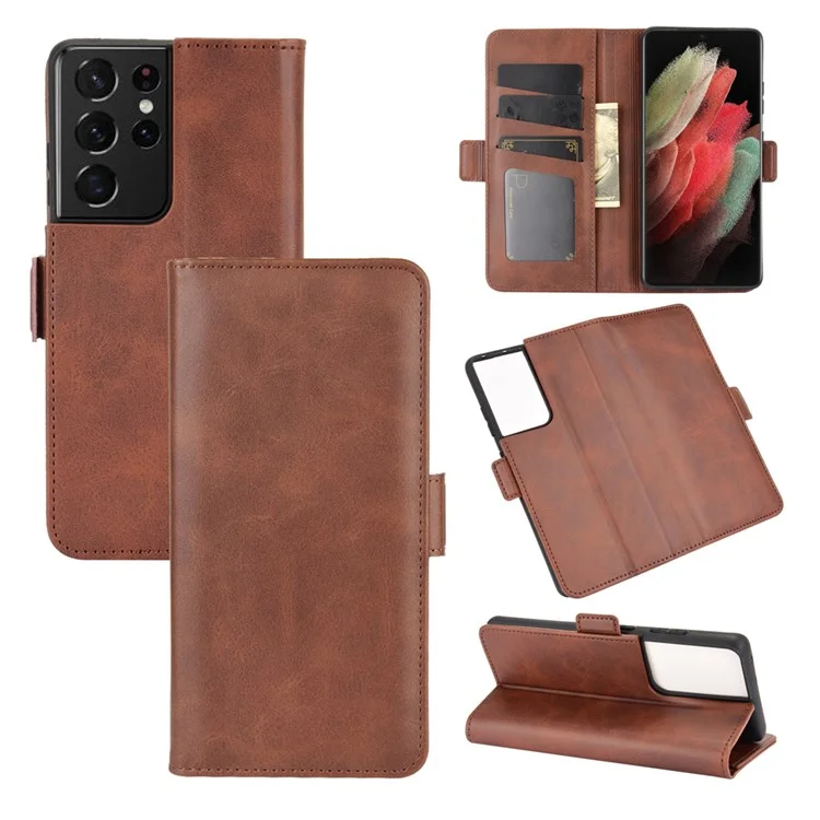 Dual Magnetic Clasp Leder Folio Flip Phone Cover Lederhülle Für Samsung Galaxy S21 Ultra 5g - Braun