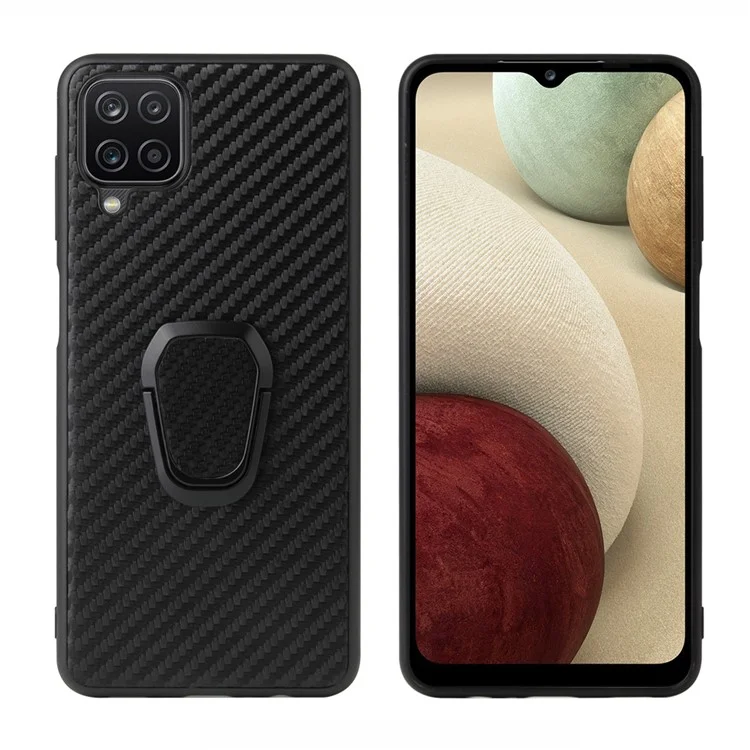 PU Leather Coated TPU Design Ring-Shape Kickstand Design Phone Cover Shell for Samsung Galaxy A12 - Carbon Fiber Texture