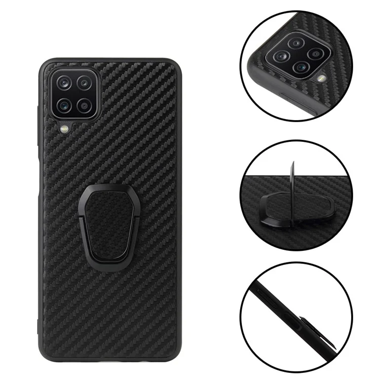 PU Leather Coated TPU Design Ring-Shape Kickstand Design Phone Cover Shell for Samsung Galaxy A12 - Carbon Fiber Texture