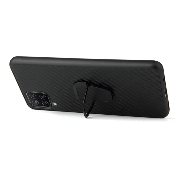 PU Leather Coated TPU Design Ring-Shape Kickstand Design Phone Cover Shell for Samsung Galaxy A12 - Carbon Fiber Texture