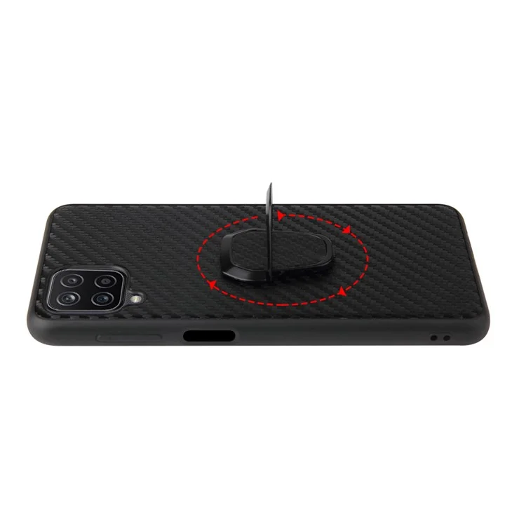 PU Leather Coated TPU Design Ring-Shape Kickstand Design Phone Cover Shell for Samsung Galaxy A12 - Carbon Fiber Texture