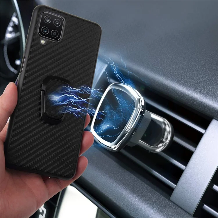 PU Leather Coated TPU Design Ring-Shape Kickstand Design Phone Cover Shell for Samsung Galaxy A12 - Carbon Fiber Texture