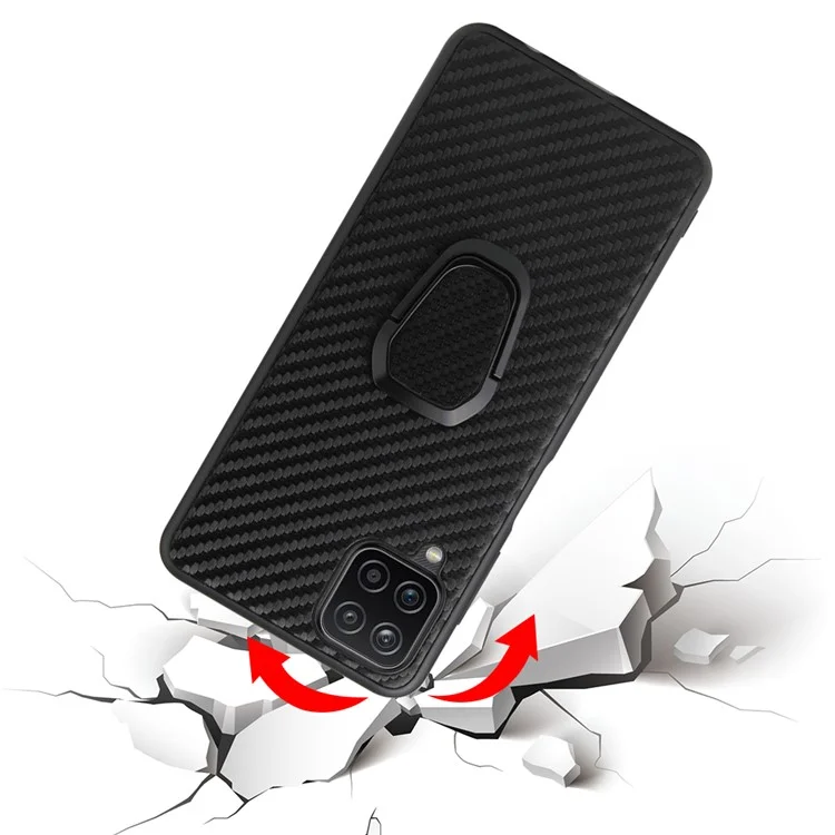 PU Leather Coated TPU Design Ring-Shape Kickstand Design Phone Cover Shell for Samsung Galaxy A12 - Carbon Fiber Texture
