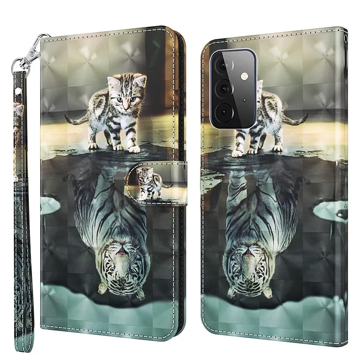 Wallet Stand Design PU Leather Phone Case Shell with Pattern Printing for Samsung Galaxy A72 4G/5G - Cat and Tiger