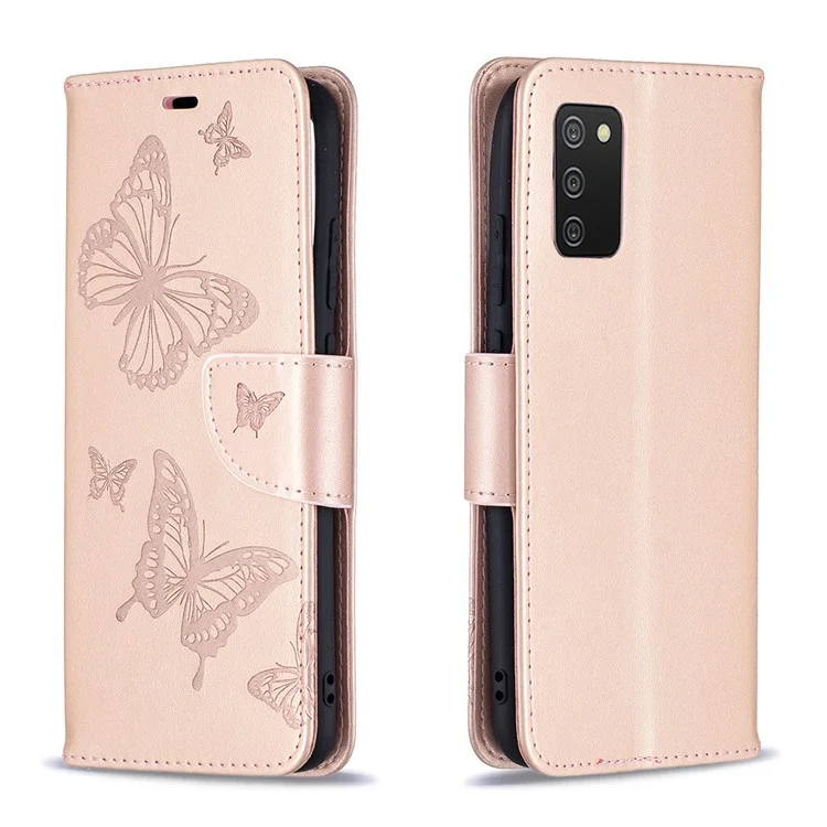 For Samsung Galaxy A02s (164.2x75.9x9.1mm) Imprint Butterflies Wallet Stand Flip Leather Phone Shell - Gold